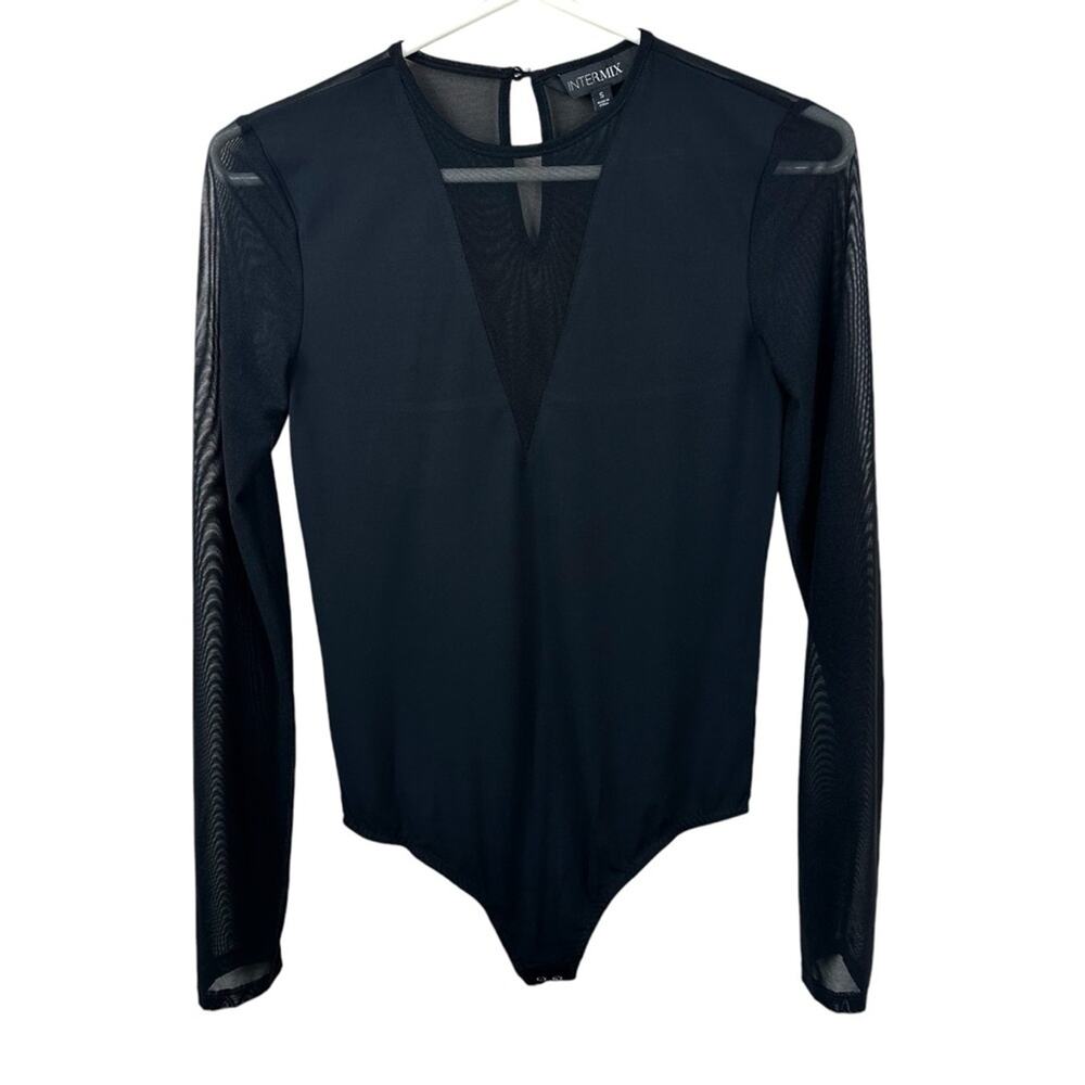 Intermix Bodysuit Womens Small Black V-Neck Sheer Mesh Long Sleeves